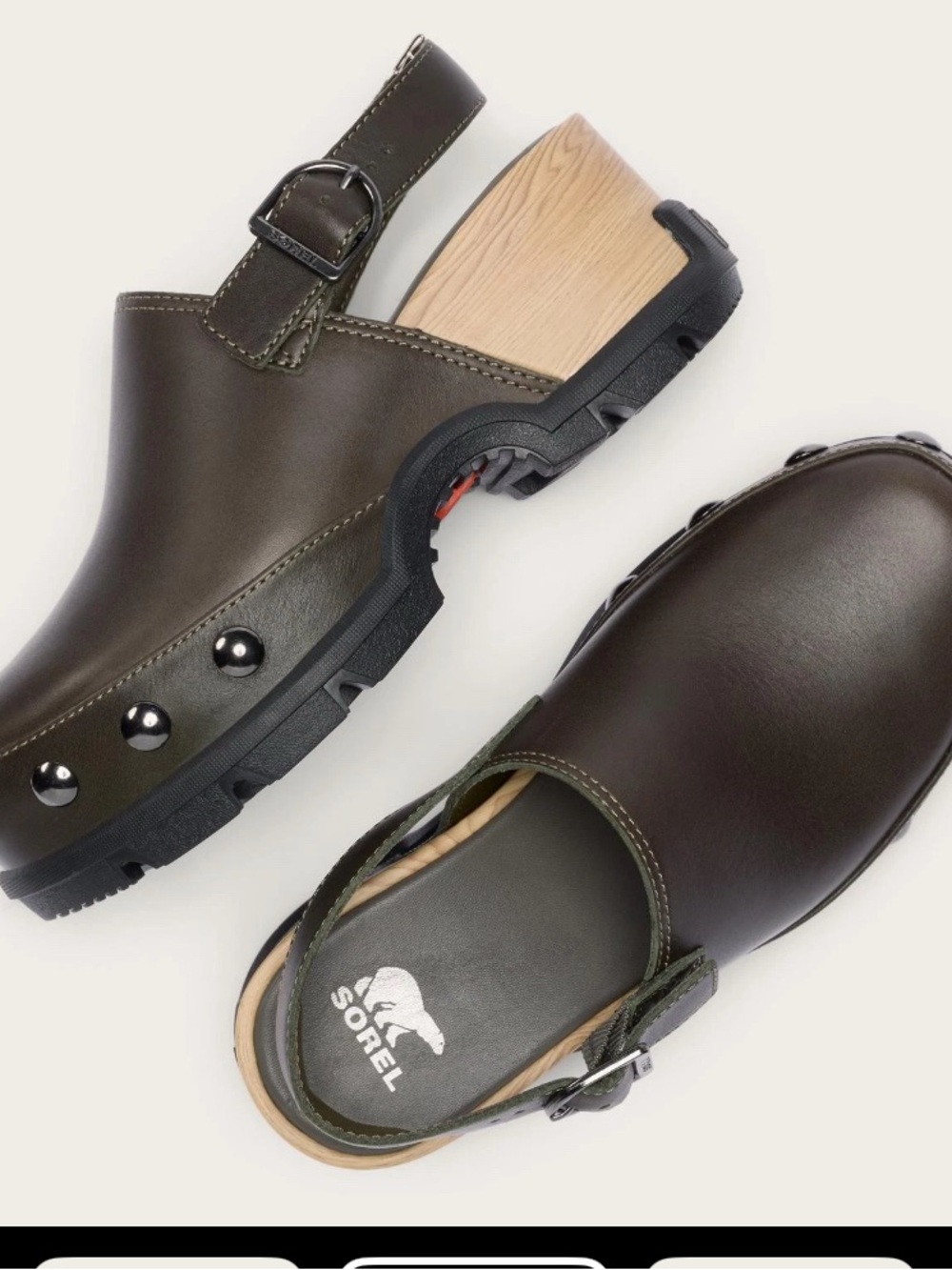 Sorel Olive Brown Leather Clog Mules with Wood Heel - Picture 3 of 5